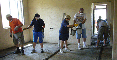 bucket brigade moving cement